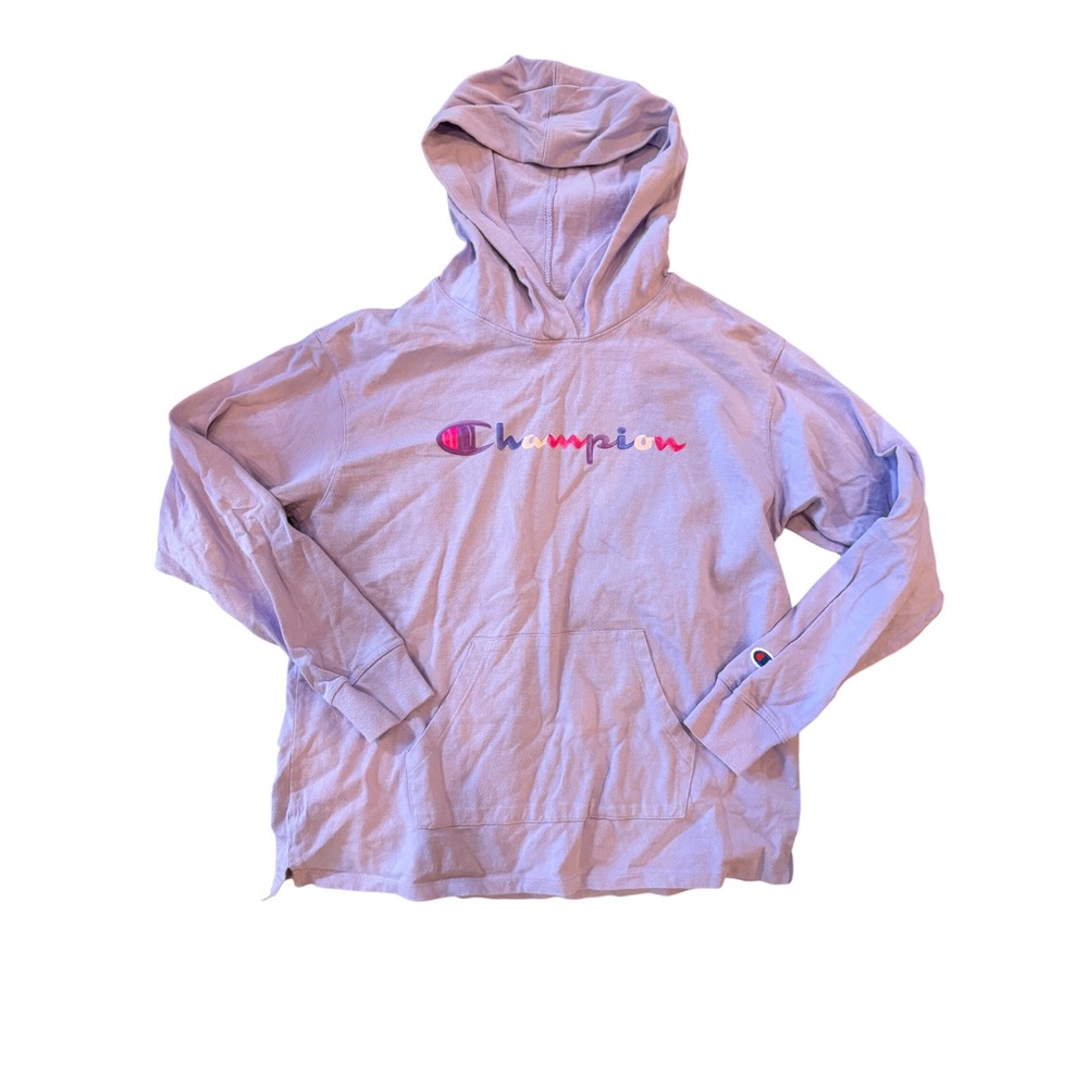 Champion Womens Lavender Purple Rainbow Logo Jersey Hoodie Sweatshirt Small